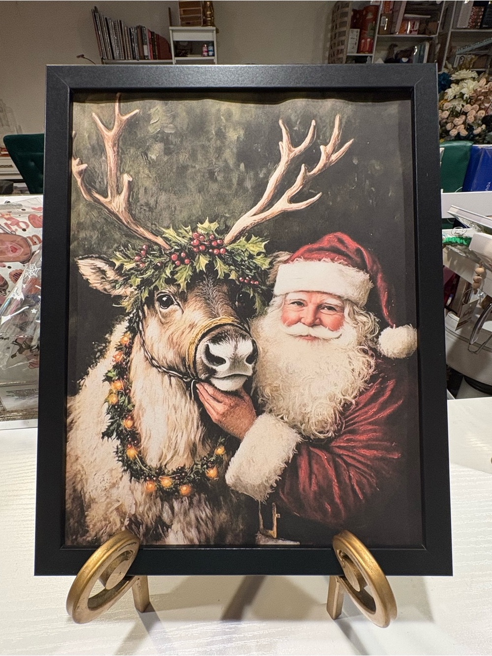 Festive Santa and Reindeer Framed 8x10 Holiday Art